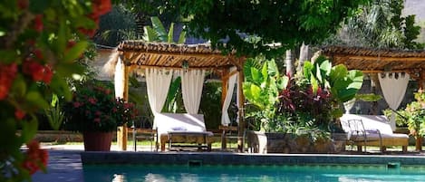 Outdoor pool, open 1:00 PM to 8:00 PM, pool umbrellas, sun loungers