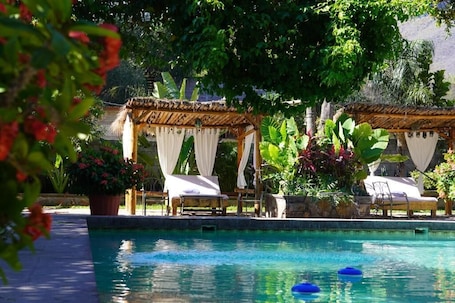 Outdoor pool, open 1:00 PM to 8:00 PM, pool umbrellas, pool loungers. Hotel Villa de Urike