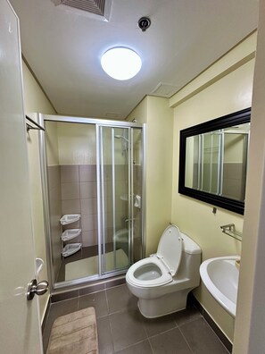 Bidet, towels, soap, toilet paper