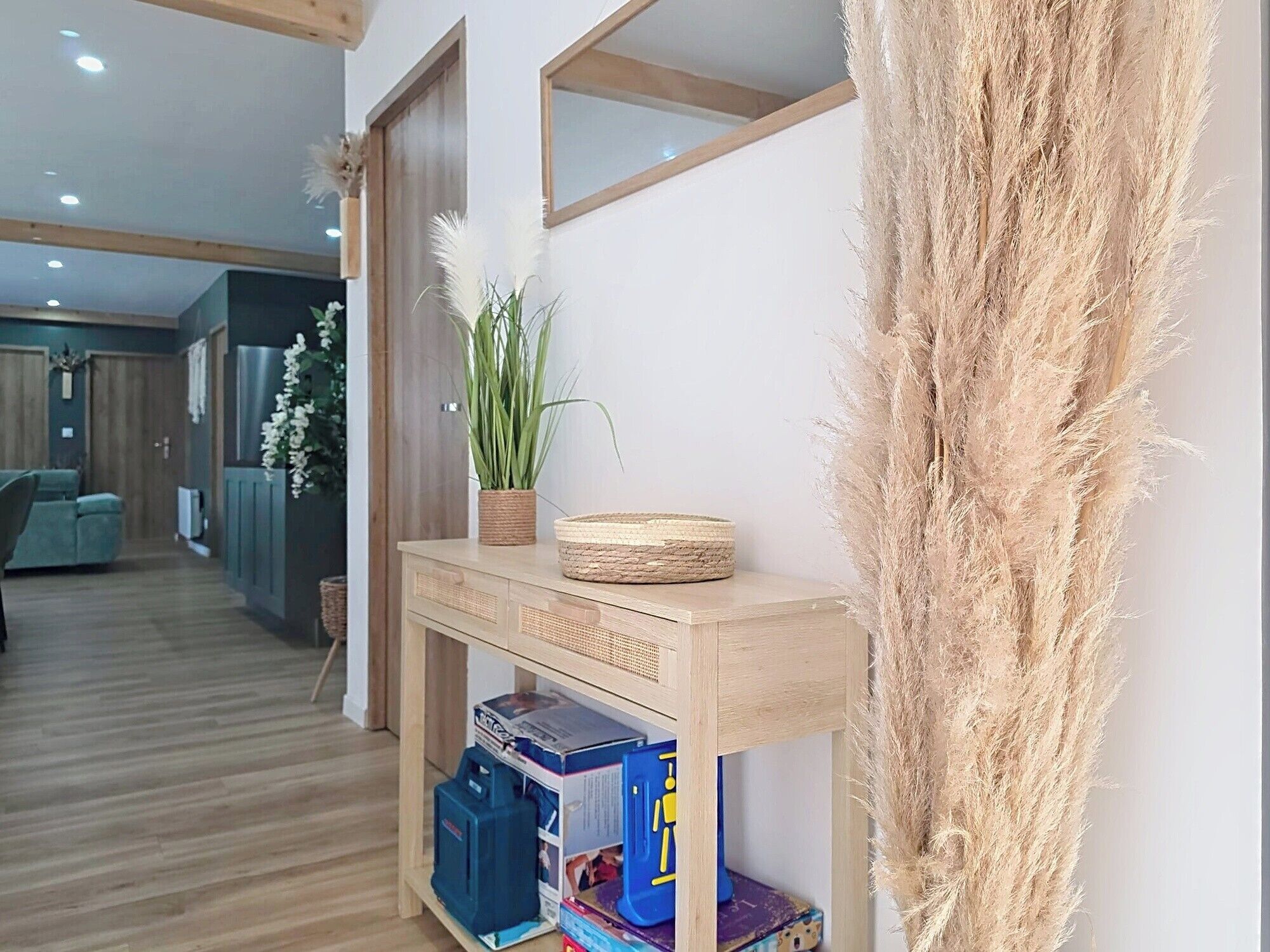 Een hal met een houten console tafel, een spiegel en een hoge sierplant.