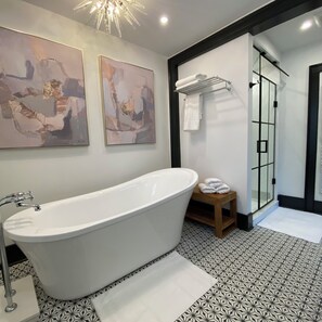 Shower, eco-friendly toiletries, hair dryer, towels