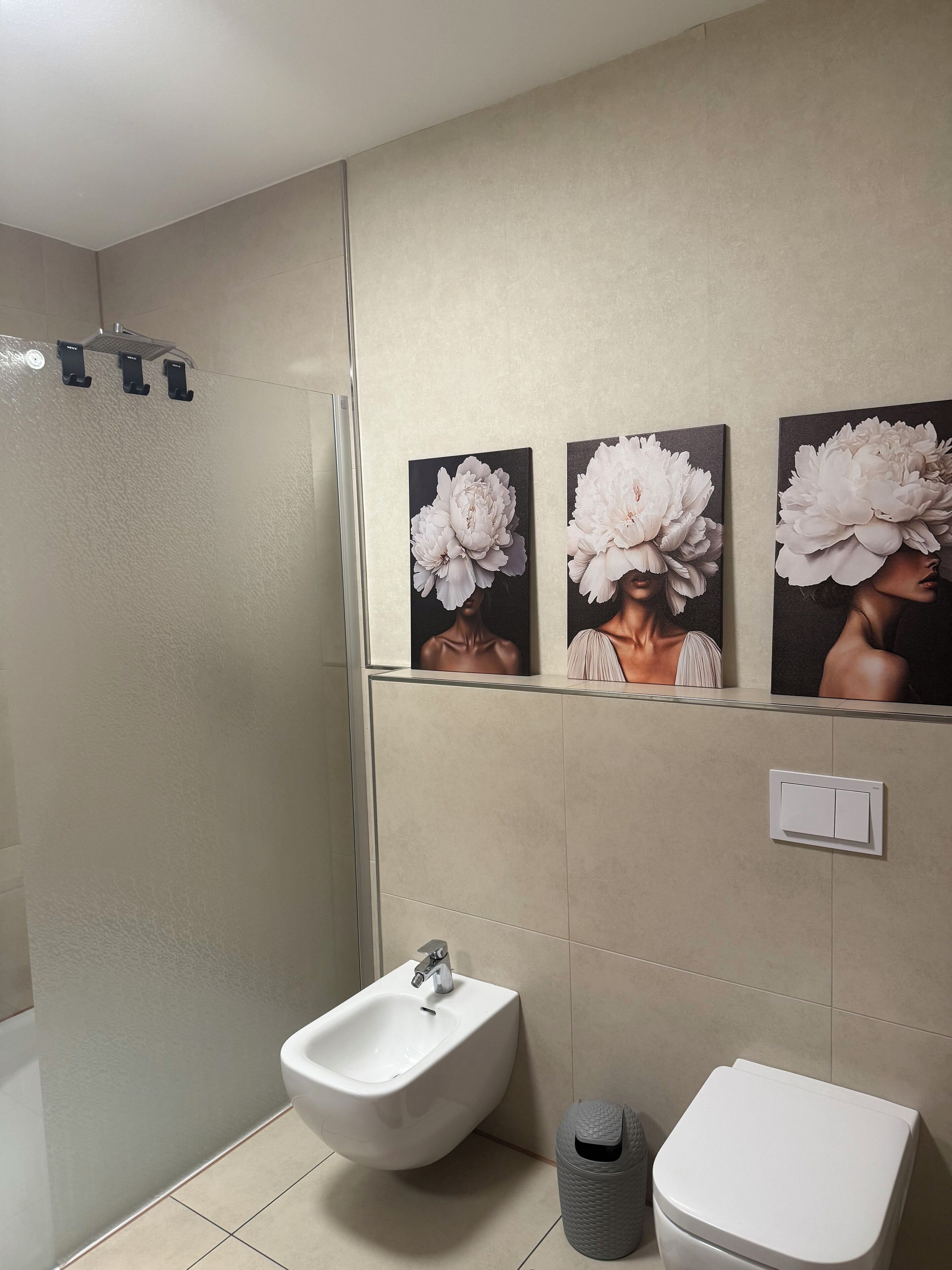 Shower, hair dryer, bidet, towels