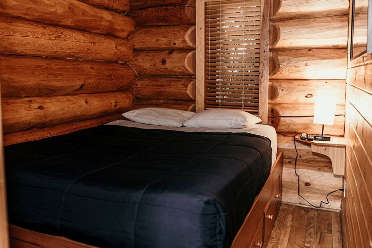 A log cabin room with a bed, wooden walls, a window with blinds, and a bedside table with a lamp.