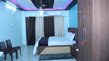 Individually decorated, desk, laptop workspace, blackout drapes