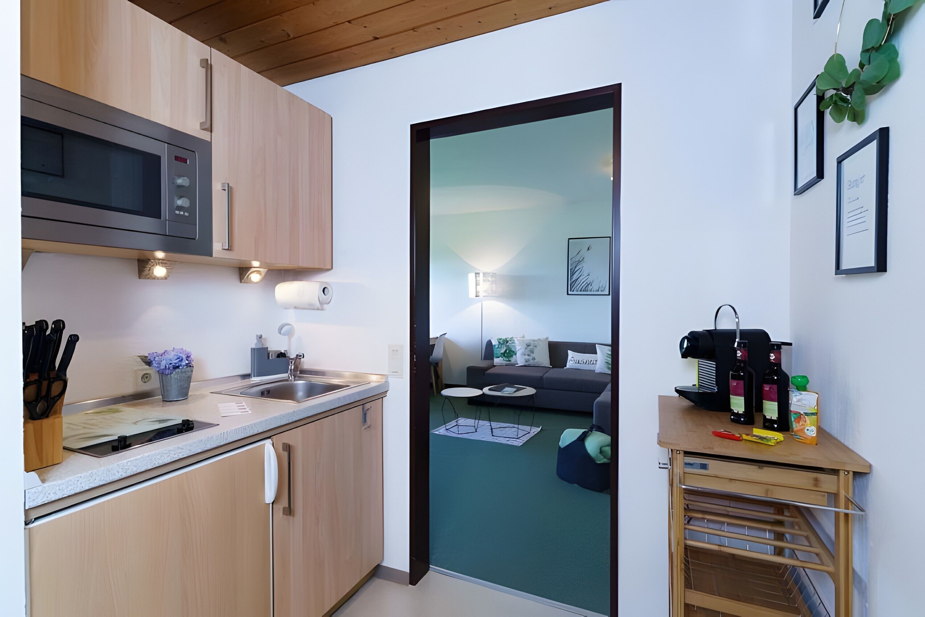 Kühlschrank, Mikrowelle, Herdplatte, Wasserkocher mit Kaffee-/Teezubehör