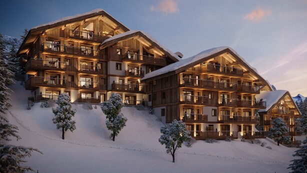 A multi-story wooden lodge with balconies, set against a snowy backdrop. - Les Chalets de L'Aiguille B101 (Le Grand Bornand)