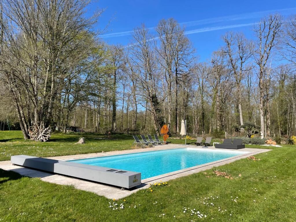 A rectangular swimming pool with a clear blue water surface, surrounded by a grassy area and trees.