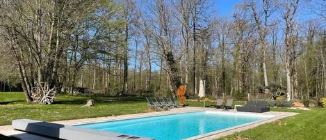 A rectangular swimming pool with a clear blue water surface, surrounded by a grassy area and trees.