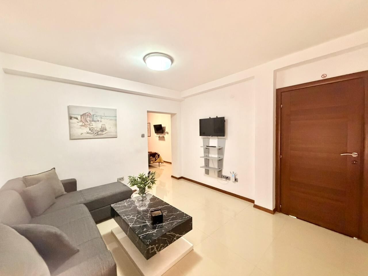 A modern living room with a sofa, a coffee table with a plant, a flat-screen TV mounted on the wall, and a wooden door.
