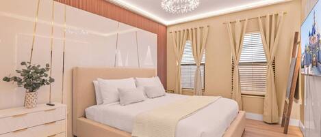 A modern bedroom with a large bed, a bedside table, a hanging plant, and a painting on the wall.