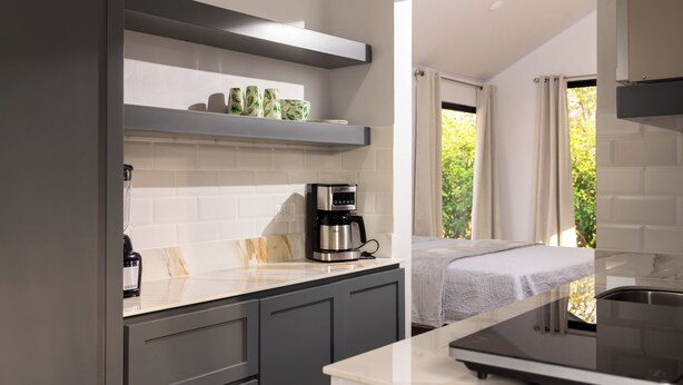 A modern kitchen with grey cabinets, a coffee maker, and a countertop.