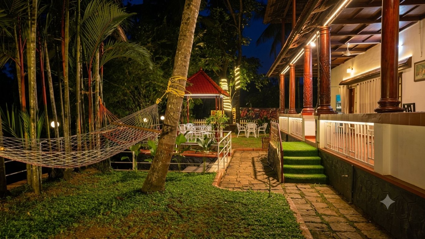Área externa bem iluminada com rede, espaço coberto para sentar e caminho de pedra que leva a um edifício com colunas.