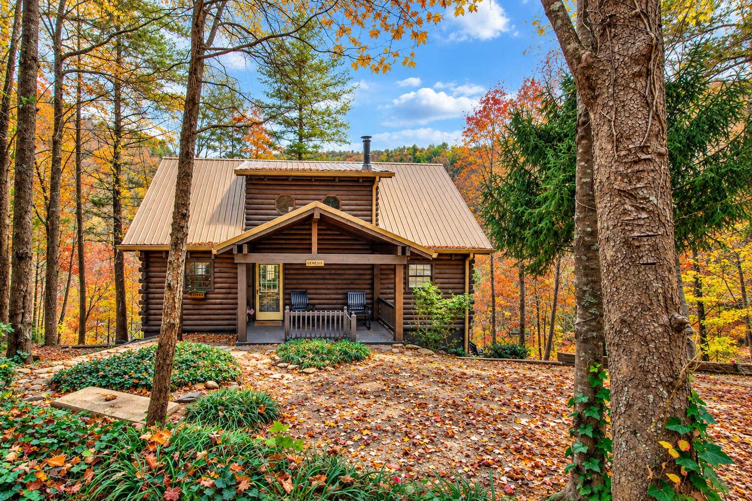 A log cabin with a porch and two chairs, surrounded by trees and fallen leaves.
