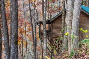 Un chalet rustique entouré de grands arbres aux feuilles d’automne.