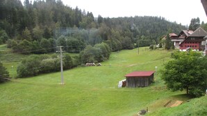 Paisaje rural con una pequeña construcción de madera, posiblemente un granero, rodeado de vegetación y una colina boscosa al fondo.