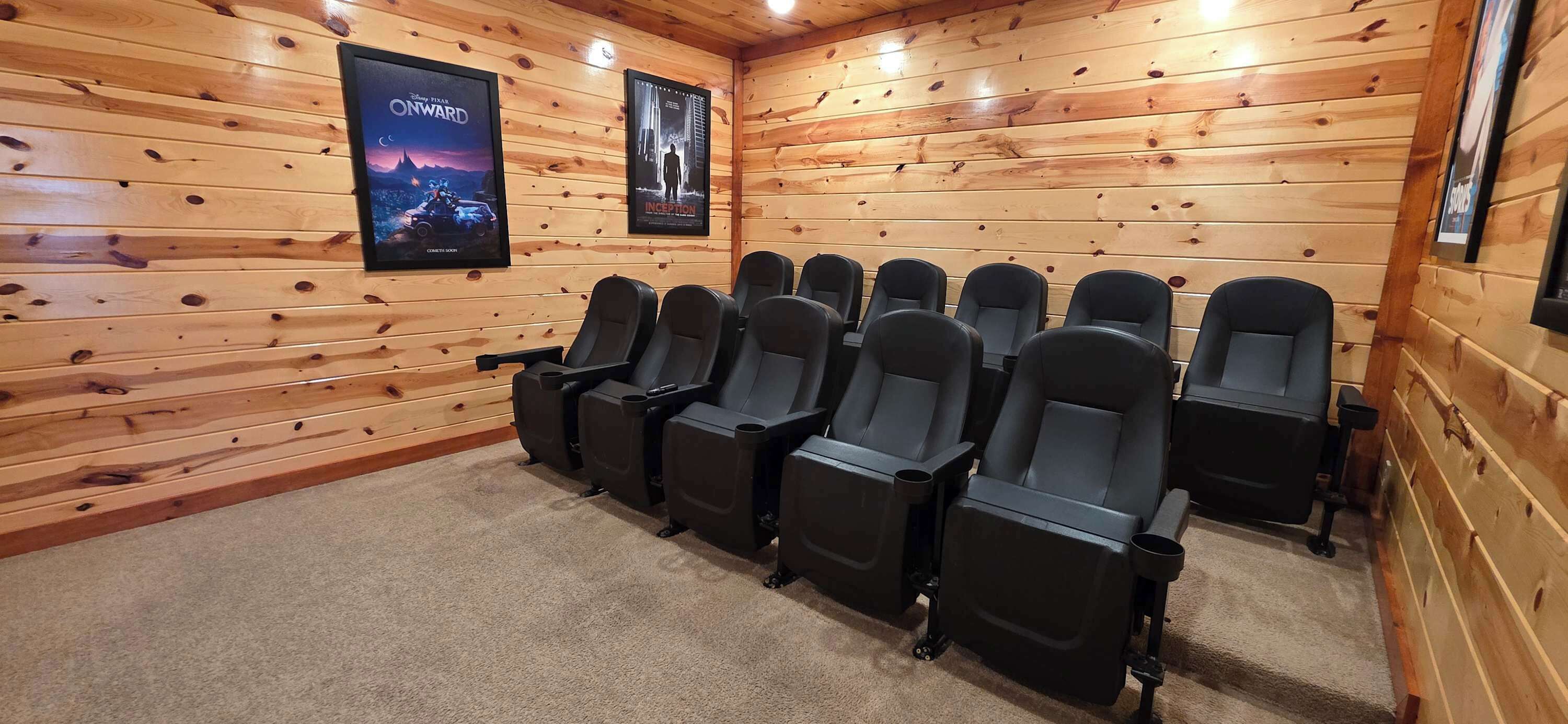 Une salle de cinéma aux murs en bois, dotée de nombreux sièges noirs et ornée de deux affiches de films.