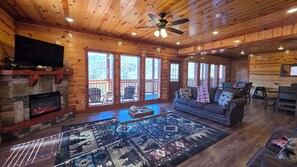 TV, fireplace, offices - Luxe Cabin, Sleeps 14・Indoor Pool・Hot Tub・Games (Gatlinburg)
