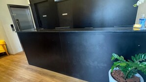 A reception desk with a dark finish, a potted plant, and a bottle of hand sanitizer. - Unity Hotel - Santos (Santos)