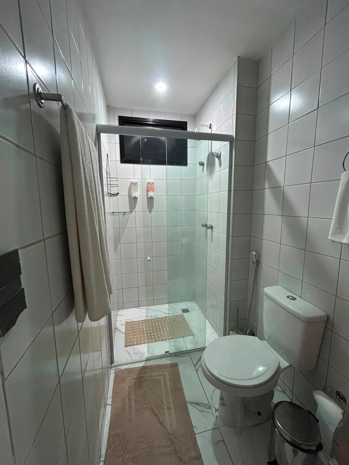 Uma casa de banho pequena com cabine de duche em vidro, sanita e lavatório.