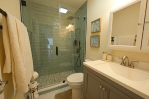 Hair dryer, towels, soap, toilet paper