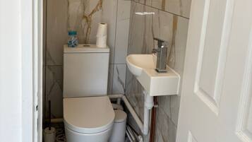 Shower, towels, soap, toilet paper