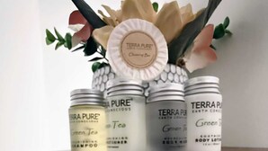 Vier Terra Pure productverpakkingen op een houten oppervlak, met daarboven een decoratieve compositie van bladeren en bloemen.