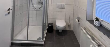 Une salle de bain moderne avec une douche à parois de verre, des toilettes et un radiateur.