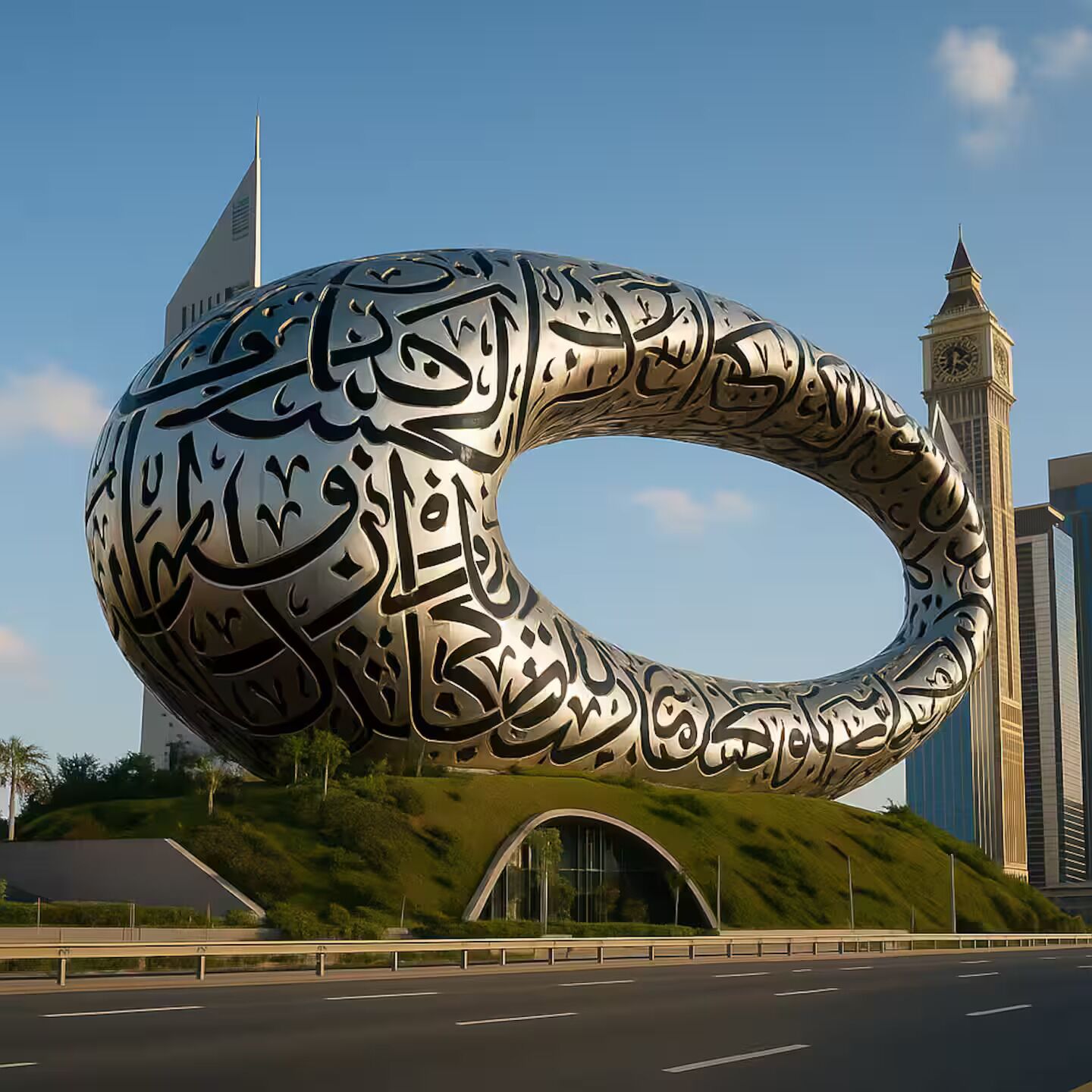 Una gran escultura metálica con caligrafía árabe, situada en un entorno urbano con edificios modernos y cielo despejado.