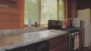 A kitchen with wooden cabinets, a stove, a microwave, and a window with a view of trees. - Twisted House (Arkansaw)