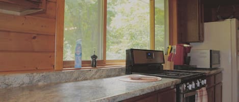 A kitchen with wooden cabinets, a stove, a microwave, and a window with a view of trees.