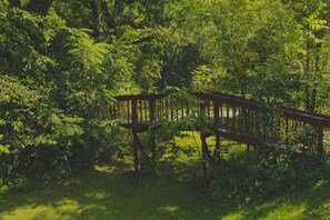 Eine Holzterrasse, umgeben von dichtem Grün.