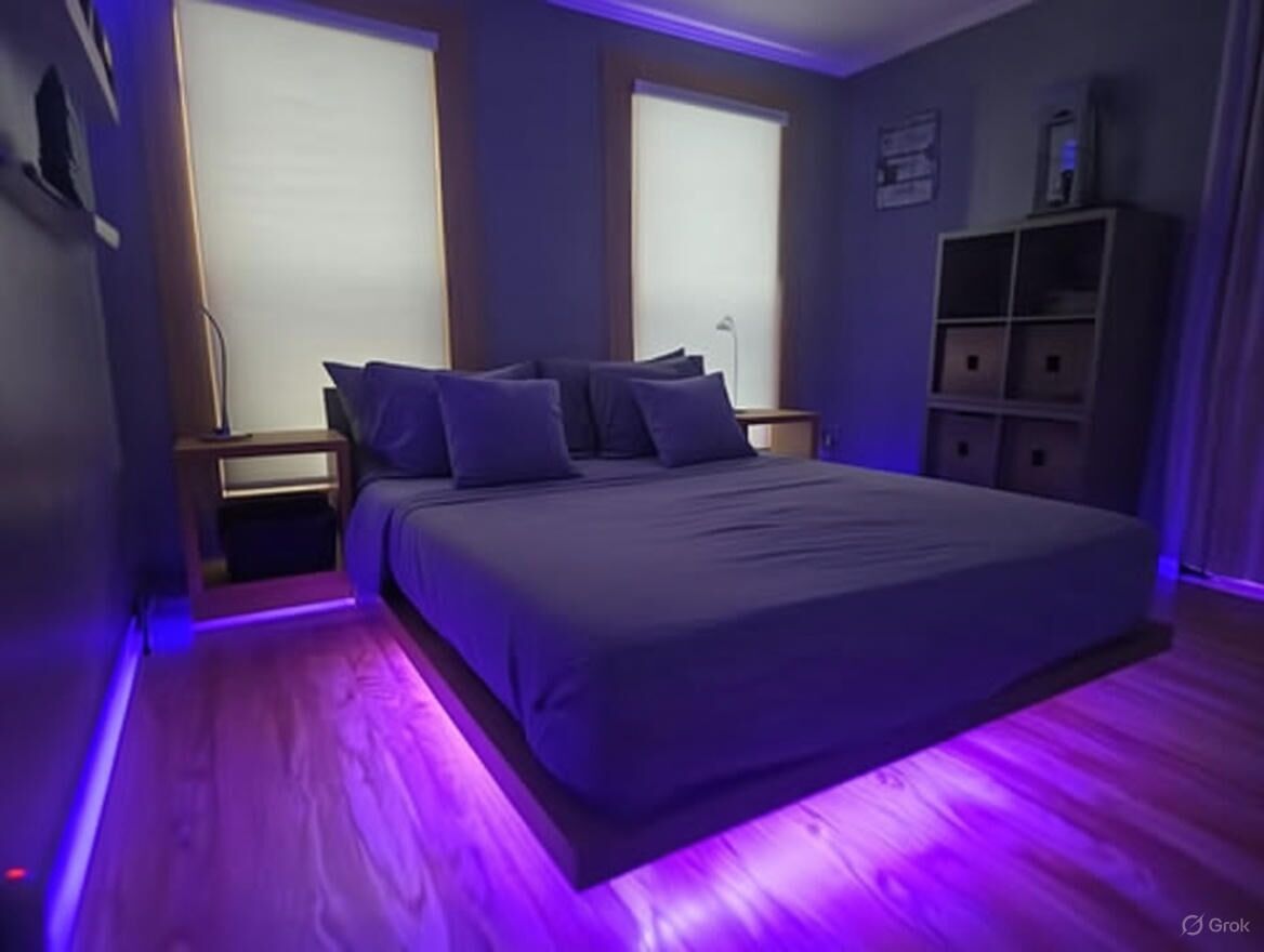 Une chambre à coucher moderne avec un grand lit, deux tables de chevet, une petite table et une bibliothèque intégrée.
