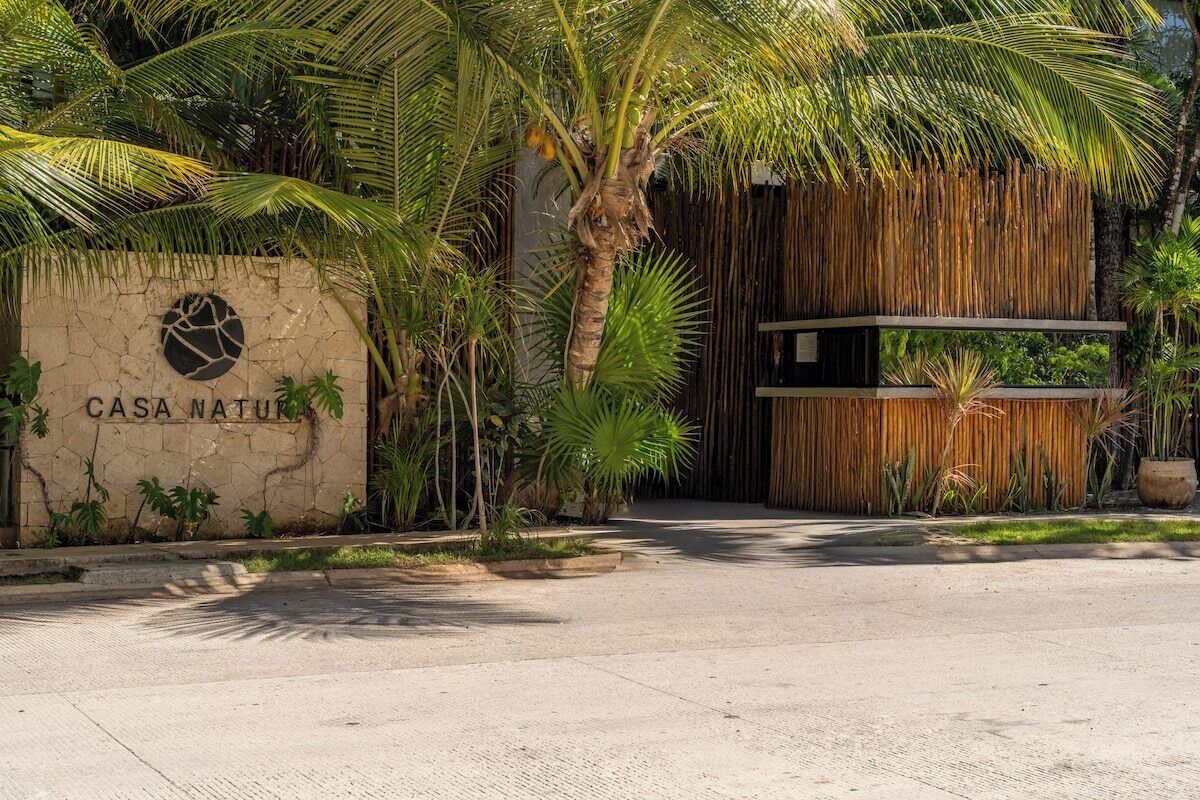 A modern building entrance with a stone wall, palm trees, and a bamboo fence.