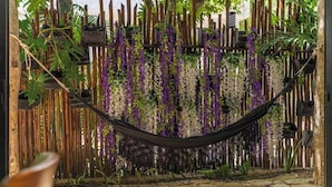 Un hamac suspendu au-dessus d’une clôture en bois, agrémenté de plantes suspendues et bordé d’un chemin de pierres.