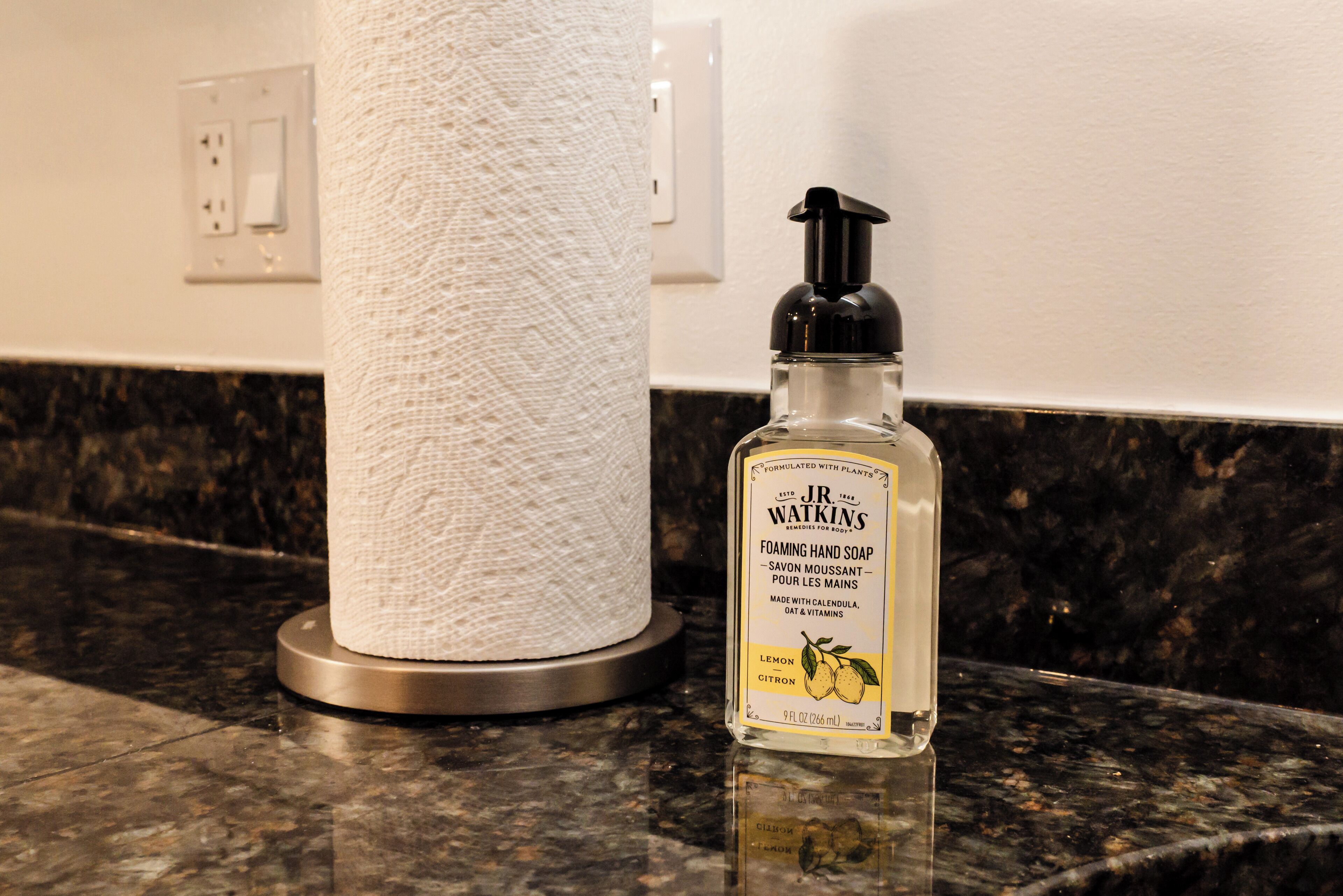 A bottle of J.R. Watkins Foaming Hand Soap on a marble countertop next to a paper towel dispenser.