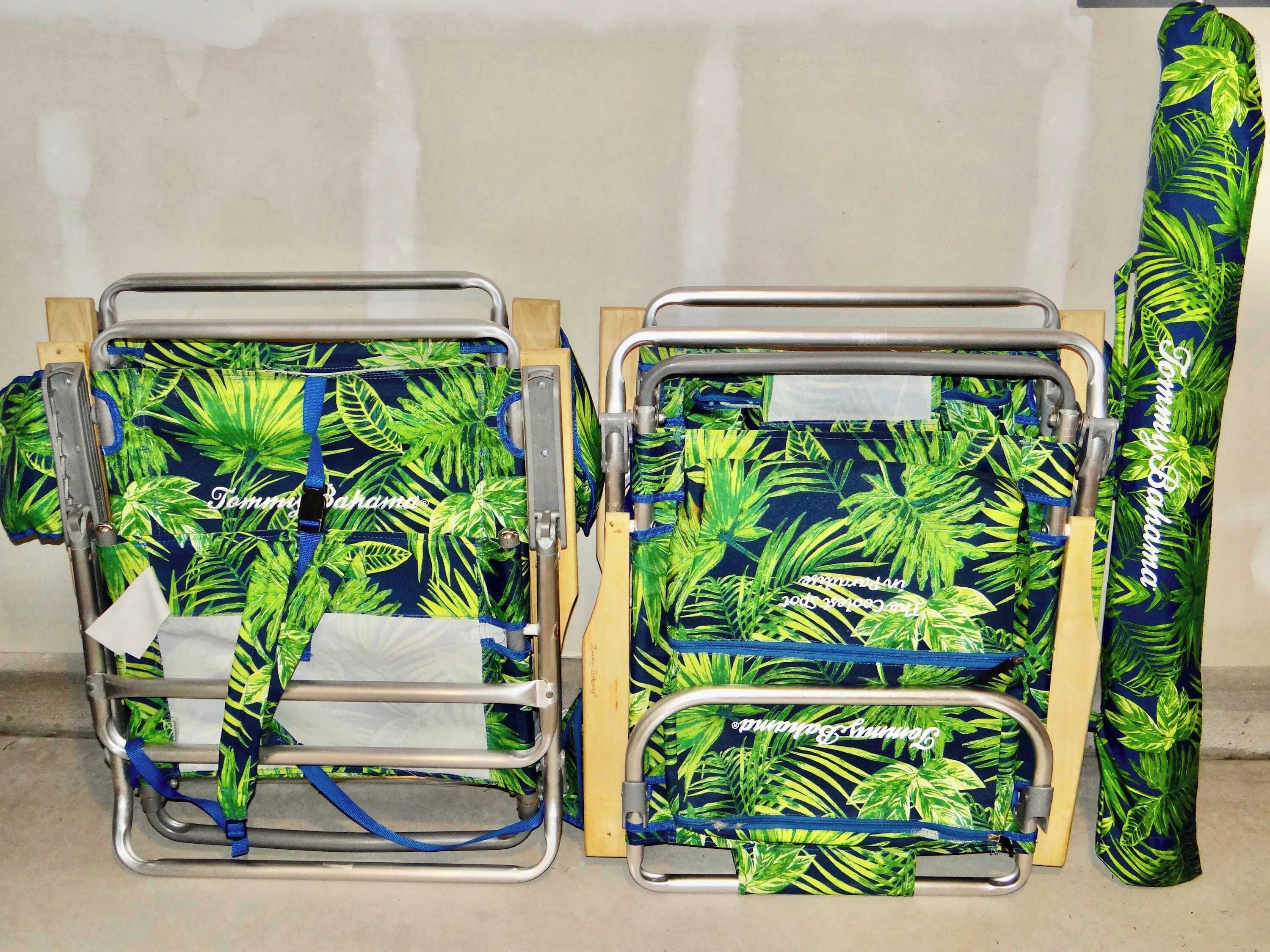 Two folding chairs with a tropical leaf pattern, metal frames, and blue straps.