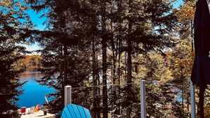 A blue Adirondack chair by a lake, surrounded by tall trees and a clear blue sky.
