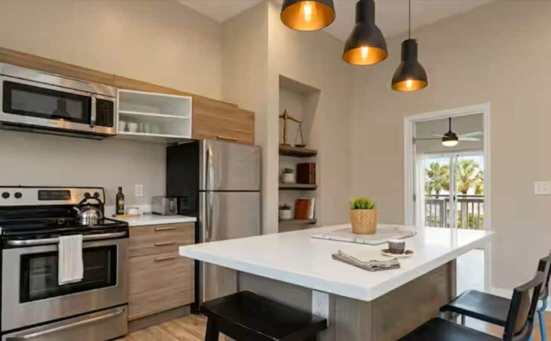 Microwave, stovetop, coffee/tea maker, electric kettle