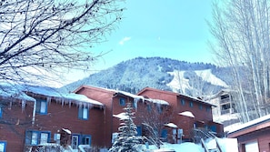 A cluster of red-roofed buildings with multiple windows, surrounded by snow-covered trees and a mountain in the background. - Bar7K Our Jackson Townhouse Hideaway -Walk to Town (Jackson)