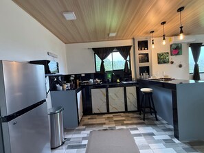 Kjøleskap, mikrobølgeovn, kokeplater og kaffetrakter/tekoker