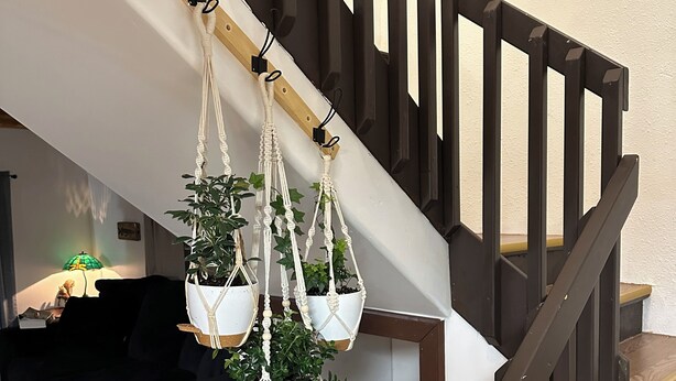 Un escalier avec une rampe en bois et un mur noir.