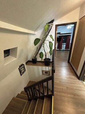 Un escalier en bois avec une rampe, un pot de fleurs sur le palier et un cadre photo accroché au mur.