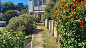 A residential property with a pathway leading to a house, surrounded by lush greenery and flowering plants. - Fantail studio walk to town (Napier)