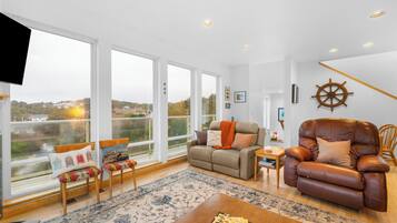 Smart TV, fireplace, books