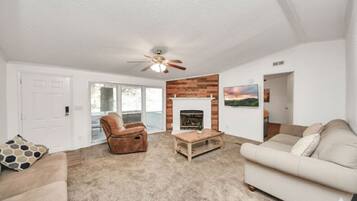 TV, fireplace, books