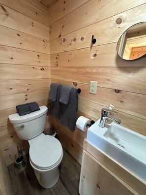 Een haardroger, handdoeken, zeep, toiletpapier
