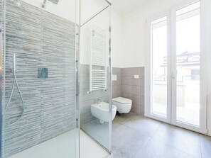 Shower, hair dryer, bidet, towels
