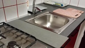 Ett kök med en diskho i rostfritt stål, en gasspis och ett diskställ.