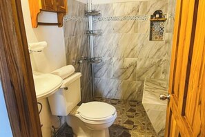 Regadera, toallas, jabón, papel de baño