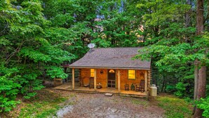 A rustic cabin surrounded by dense forest, with a porch and a satellite dish. - Pine View Cabin at Hocking Hills (South Bloomingville)
